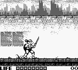 A monochrome Game Boy screenshot showing a turtle character wielding a weapon on a horizontal platform in the center of the screen. A cityscape with tall buildings fills the background at the top. The HUD displays "LIFE" text with eight square health indicators at the bottom left, and a score counter at the bottom right. The sprite is rendered in low-resolution black pixels against a white background, with simple platform geometry visible beneath the character.
