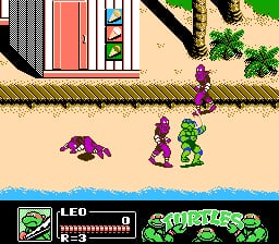 A side-scrolling beat-em-up level set on a tan urban street with blue water visible at the bottom. Four purple enemy characters are scattered across the screen—two in the lower left, two in the center-right. A building facade with red doors and gray vertical paneling occupies the upper left. The HUD displays a health bar labeled "LEO" in the bottom left corner, and "SHREDDER'S" logo appears in green text at the bottom right. The sprite-based graphics use a limited NES palette with tan, green, purple, and blue tones typical of early 1990s 8-bit platformer aesthetics.