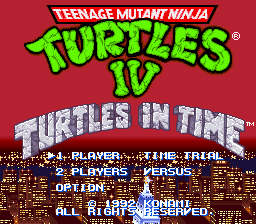 The title screen displays "Teenage Mutant Ninja Turtles" in large green letters at the top, with "Turtles in Time" in gray metallic text below against a red background. A pixelated cityscape occupies the lower portion. White text lists game options: "1-Player The Trial," "2-Players Versus," "3-Players Arcade," and "All Right Konami Licensed" in a standard video game font. The overall color palette consists of red, green, gray, and tan tones typical of early 1990s SNES graphics.