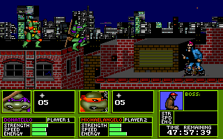 A side-scrolling level displays a brick rooftop cityscape with illuminated buildings in the background under a dark sky. Two character selection panels occupy the bottom half, each showing a different colored TMNT sprite with green health bars and status information. The left panel shows an orange-masked turtle, the right shows a blue-masked turtle. Both character portraits are framed in black boxes with yellow text labels and movement/combat statistics displayed below. The rooftop terrain features red brick walls and platforms rendered in 16-bit pixel art.