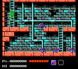 A side-scrolling level displays two turtle characters navigating a brick and cyan-colored platform structure against a black background. The bottom left shows a score display reading "Pts. 0000000" in orange text with a row of health indicators. Red brick walls form the perimeter while turquoise and dark cyan blocks compose the interior platforms and obstacles. A small purple icon appears in the bottom right corner. The sprite-based 8-bit graphics use a limited color palette typical of NES hardware, with pixelated character and environmental assets.