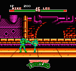 A green turtle fighter character stands on an orange platform in a stone brick arena with red architectural details. The HUD displays health bars at the top in red and green, with "MIKE" and "LEO" labels and numerical values "1F" and "200" visible. The Teenage Mutant Ninja Turtles logo appears at the bottom center. The sprite-based graphics use bright neon colors against a black background, with eight-bit pixel art styling characteristic of NES-era fighters.