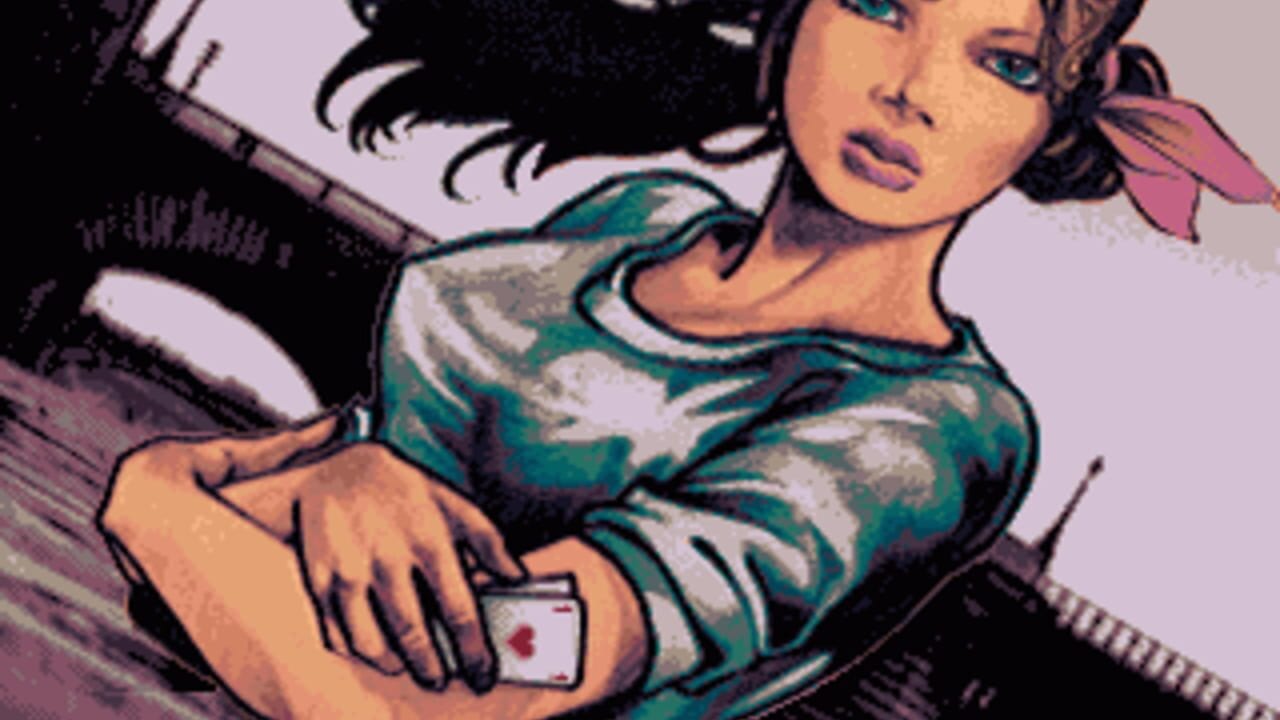 A stylized portrait of a woman with dark hair and blue eyes dominates the center, wearing a teal and white patterned garment. She holds a playing card showing a red suit symbol in her lower hand. Dark clawed hands are visible in the upper left corner against a lavender background. The image uses a limited color palette with distinct outlines and shading typical of late 1980s DOS-era graphics, with visible pixelation and color banding characteristic of the platform's display capabilities.