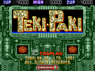 The title screen displays 'TEKI PAKI' in large pixelated gold lettering against a green circuit board-themed background. At the top, score displays show '1UP 945000', 'HIGH 4150000', and '2UP 4130000' in green text. Below the title, two red explosive burst patterns flank the text 'TOAPLAN CO. LTD. 1991' and 'ALL RIGHTS RESERVED' in red. A black 'CIRCUIT 0' label appears at the bottom center. The entire interface uses a retro arcade aesthetic with 8-bit pixel art styling and a limited green and red color palette.