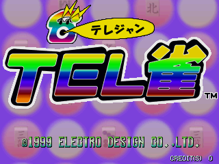 A purple gradient background fills the screen with soft bokeh circles. At the top sits a colorful logo featuring a yellow-crowned character face next to Japanese text in a blue banner. Below it, the title "TELJEE" appears in large neon-style letters with a rainbow gradient from green to purple to blue. A small yellow and green star icon hovers above the title. Copyright text reading "© 1999 ELECTRO DESIGN CO., LTD." and "CREDITS" appears in white sans-serif font at the bottom of the screen.