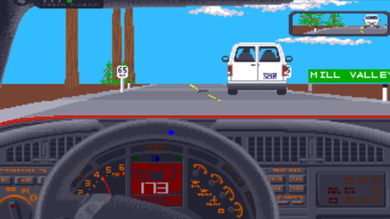 A first-person driving perspective dominates the lower half, showing a detailed steering wheel in dark gray with orange gauges and a red speedometer displaying 179. The road ahead shows a white van traveling toward the player on a gray highway with yellow center lines. A 65 speed limit sign and brown trees flank the left side under a bright blue sky with white clouds. The upper right displays a small map window and "MILL VALLE" location text. The dashboard contains multiple orange-text readouts and gauges across its width, with a red horizontal bar spanning the top of the dashboard.