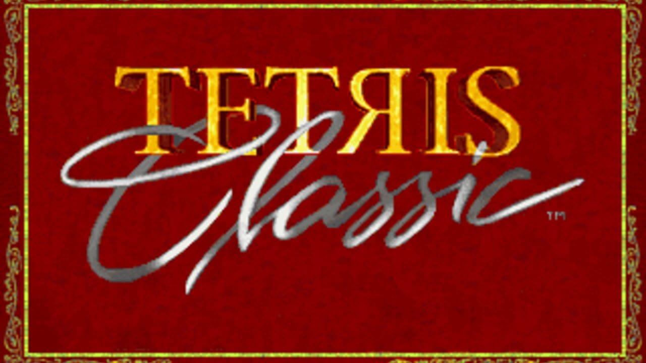 A title screen displays "TETRIS" in large yellow capital letters with a stylized silver script reading "Classic" overlaid beneath it. The background is a solid deep red color with a decorative gold and ornamental border frame around all edges. A trademark symbol appears in small text to the right of the word "Classic". The overall design uses a formal, elegant aesthetic with the color scheme of red, gold, and silver.