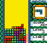 The Tetris DX gameplay screen displays a standard falling-block puzzle field on the left side filled with colorful stacked pieces in yellow, red, blue, and green. The right side contains a UI panel with white text labels including 'SCORE', 'LEVEL', and 'LINES' arranged vertically, with a small preview window showing the next piece at the top. The background uses a bright yellow fill, and the overall aesthetic is 8-bit sprite graphics typical of Game Boy Color, with a blocky pixelated art style characteristic of the platform.
