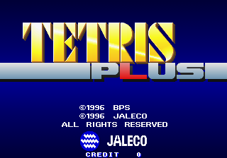 The Tetris Plus title screen displays the game's logo in large yellow and blue letters at the top center against a dark blue background. Below the logo sits a horizontal gray and red bar. Copyright text for BPS and Jaleco appears in white, followed by "ALL RIGHTS RESERVED" and the Jaleco company logo with blue and red coloring. The entire layout is centered and uses a standard arcade title card composition with minimal animation or visual elements beyond text.