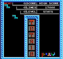 The NES Tetris interface displays a vertical game board on the left with cyan and gray gridlines and blue borders. The right panel shows game statistics including O:SCORE at 0, HIGH SCORE of 17000, O:LINES at 0, O:LEVEL and STATS labels. Below are six small preview windows displaying upcoming Tetris piece shapes in red and orange colors. The bottom right corner shows a horizontal bar of colored blocks in red, cyan, and gray. The overall screen uses a pixel art style with a black background and cyan framing elements.