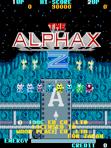 The title screen displays 'THE ALPHAX' in large red and white pixelated letters centered on a starfield background. Below the title, a blue waveform pattern stretches across the screen with symmetrical white geometric shapes flanking it. Six small colored alien sprites are arranged in a row beneath the waveform—pink, yellow, green, cyan, purple, and red creatures. At the bottom, a large pixelated 'A' letter floats above a tiled platform with yellow and blue blocks. The top of the screen shows score information: '1UP 0', 'HI-SCORE 90000', '2UP 0'. Energy and credit text appear at the bottom left and right corners respectively. The overall palette uses cyan, magenta, yellow, and white against a black background typical of mid-1980s arcade aesthetics.