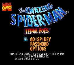 The title screen displays "The Amazing Spider-Man" in large blue letters with a red Marvel Comics logo in the upper left. Below the title, menu options for "Lethal Foes," "Go1 Spy," and "Password Options" are listed in white text. Copyright information for Marvel Entertainment Group and Epoch Co., Ltd. appears at the bottom in small white text. The background is solid black with a red horizontal line separating the top logo area from the rest of the screen.