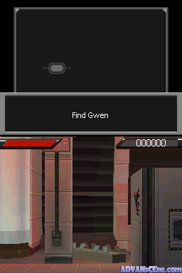 A top-down view of an interior space with red and brown brick walls, dark wooden stairs in the center, and a light-colored doorway on the left. The UI displays 'Find Gwen' at the top in white text on a black bar, with a score counter showing '000000' in the upper right corner. The black background above the scene contains a small rectangular cursor or indicator. The graphics use a limited color palette typical of NDS hardware with visible pixelation.