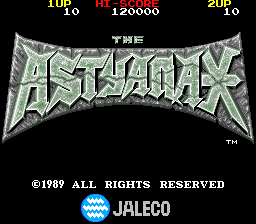 The Astyanax arcade title screen displays the game's metallic silver logo centered on a black background. Score and credit information appear at the top left and right corners in yellow text. The copyright notice "©1989 ALL RIGHTS RESERVED" and the Jaleco developer logo are positioned at the bottom of the screen in white text.