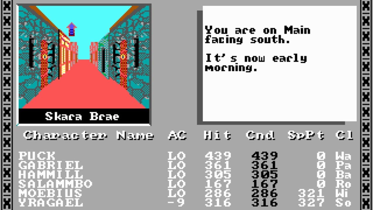 A split-screen interface shows a first-person dungeon view on the left displaying a teal-walled corridor with red decorative elements and a pink floor leading toward a blue exit marker, labeled 'Skara Brae' at the bottom. The right panel contains text reading 'You are on Main facing south. It's now early morning.' Below both panels, a character roster displays six party members (Puck, Gabriel, Hamill, Salambo, Moerius, Tragael) with their level, current hit points, maximum hit points, and status indicators in white monospaced text against a gray background.