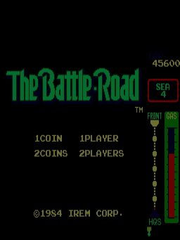 The Battle-Road title screen displays large green pixelated text centered at the top with a trademark symbol. Below are menu options for 1COIN/1PLAYER and 2COINS/2PLAYERS in yellow text. A copyright notice reading ©1984 IREM CORP. appears at the bottom left. The right side features a vertical green and red bar labeled with gauge indicators and numbers. A score counter showing 456600 is positioned in the upper right corner with SFX and BGM indicators below it. The background is entirely black.