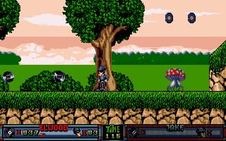 A side-scrolling level view shows two player characters standing on grass terrain beneath a large tree in the center. Green bushes dot the landscape at top, and a brown rocky cliff edge runs horizontally across the lower portion of the screen. A red enemy character appears mid-right. The sky displays a peach-orange gradient with white clouds. A dark HUD bar at bottom contains score, lives, and time display information. Sprite-based graphics use a 16-bit color palette with distinct pixelation typical of early 1990s DOS platformers.