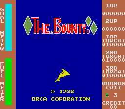 The Bounty title screen displays the game logo in large diamond-shaped lettering with yellow and blue coloring against a solid blue background. Below the title, a yellow spaceship sprite is centered in the middle of the screen. Copyright text reading "© 1982 ORCA CORPORATION" appears at the bottom in white. The left side shows a vertical rainbow-colored stripe with menu options, while the right side displays a brown panel containing score information, sound credits, and game statistics in white text.