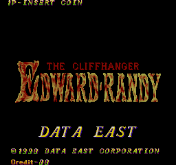 The title screen displays large orange and gold lettering spelling 'EDWARD RANDY' with ornate, embossed styling beneath a smaller red 'THE CLIFFHANGER' header. Below the main title, 'DATA EAST' appears in italicized gold text, followed by a copyright notice '© 1990 DATA EAST CORPORATION' and 'Credit-00' in the lower left corner. The entire composition is set against a solid black background with minimal additional visual elements.