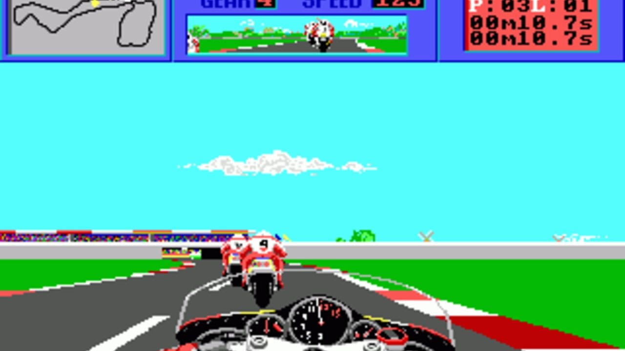 First-person view from a red and white motorcycle on a racing circuit, with a dashboard showing speedometer and gauges in the lower foreground. A competing red motorcycle with number 9 follows ahead on the asphalt track, lined with white and red barriers. Green grass borders the track on both sides. Light blue sky with white clouds fills the upper portion. A UI panel at the top displays a track map, speed indicator showing 125, and lap/split timing data in red text. The graphics use low-resolution sprite-based 3D perspective typical of early DOS racing games.