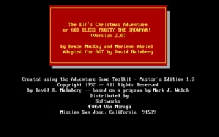 A red rectangular title card centered on a black background displays white and yellow text reading "The Elf's Christmas Adventure" and "or the ELVES MEET THE UNFRIEND". Below the card, smaller white text credits the game to Bruce MacBay and Michael Abicht, adapted for AGI by David Malmberg. Additional text lists creation details using Adventure Game Toolkit and credits various contributors. The overall aesthetic is characteristic of early 1990s DOS-era adventure games with simple geometric design and minimal color palette.