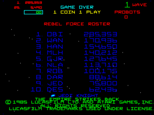 The game over screen displays cyan-colored text reading 'GAME OVER' and 'COIN 1 PLAY' in the center. Above sits a score display showing 285,353 in red. Below the main text is a 'REBEL FORCE ROSTER' listing ten numbered pilots with blue names and white point values, including OBI, WAN, HAN, LEIA, CHEWIE, LUKE, LANDO, ACKBAR, WEDGE, and PIETT. Red text in the upper right reads 'WAVE 1' and 'PROBOTS 0'. A copyright notice in green text spans the bottom, crediting Lucas Films and Atari Games 1985. The background is black with scattered white dots.