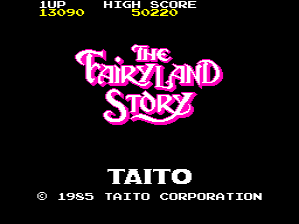 The title screen displays "The Fairyland Story" in large pink/magenta pixelated text centered on a black background. Below it, white text reads "TAITO" with a copyright notice "© 1985 TAITO CORPORATION". In the top-left corner, a score display shows "1UP 13020" and "HIGH SCORE 80220" in yellow text. The overall aesthetic uses a simple color palette of black, white, yellow, and pink against a completely black backdrop.