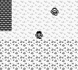 A monochrome Game Boy screenshot showing two small sprite characters positioned in the upper-middle area of the screen against a light background. The lower half displays a dense pattern of small asterisk or star-like symbols covering rocky or mountainous terrain. A black brick or stone pattern appears in the upper-left corner. The graphics use the Game Boy's limited monochrome palette with clear pixelated sprites typical of early 1990s handheld gaming.