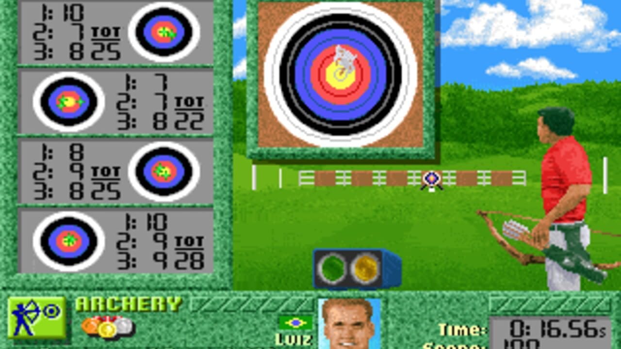 An archery event displays a player in a red shirt and white pants drawing a bow on a green field. A large bullseye target with concentric rings in blue, red, and yellow occupies the upper center. Four previous shot scores appear on the left side, each with a smaller target icon and numerical scores. A timer reads 0:16.56s in the lower right. A male contestant's portrait face appears in the bottom center-left, with 'LOLU' text visible. The art style uses low-resolution sprites and a 2D isometric perspective with a textured grass background.