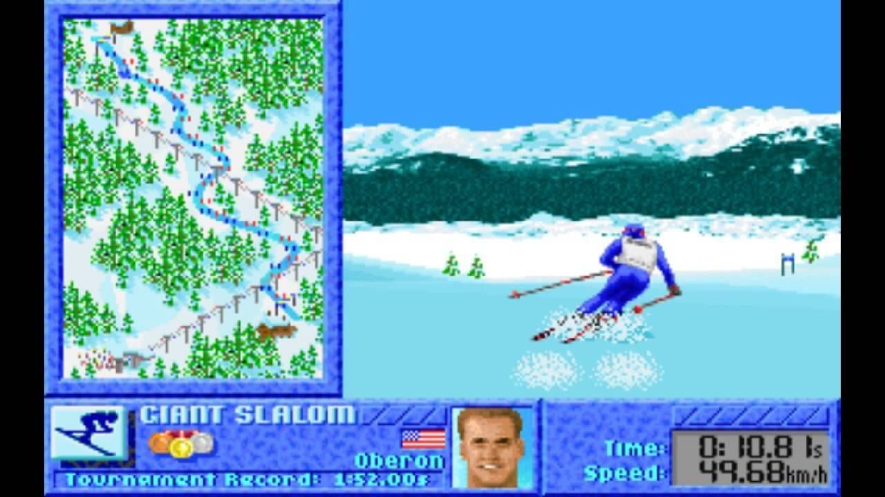 A skier in blue descends a snowy slope with pixels rendering snow spray and poles marking the course. The left panel displays an overhead map view showing a winding ski path through forested terrain with green trees and a blue route marked downhill. The bottom UI shows 'Giant Slalom' title, an American flag, a competitor photo labeled 'Oberon', tournament record time of 1:52.00s, current time 0:10.8s, and speed reading 99.58 km/h. Snow-capped mountains and evergreen trees form the distant background under clear blue sky.