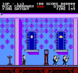A 2D platformer level displays blue mansion doors with purple snowflake patterns across the background. The top UI bar shows level progression, score, and timer information. Several pixelated characters stand on a brown ground platform below the doors, rendered in 8-bit NES-style graphics with limited color palette of blues, purples, and reds. Vertical striped borders frame the left and right edges of the playfield.