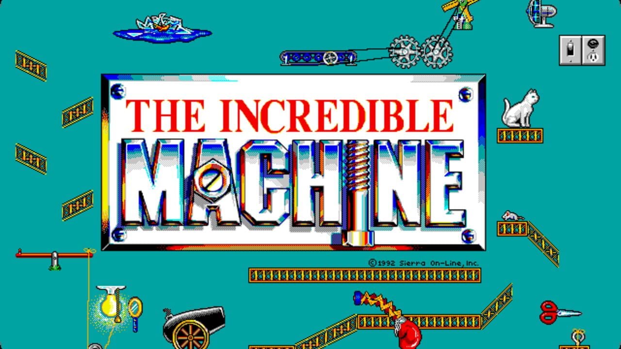 The title screen displays "THE INCREDIBLE MACHINE" in large red and blue gradient lettering centered on a white rectangular panel against a turquoise background. Various mechanical contraptions and puzzle elements surround the title—including gears, chains, a crane, a cannon, spring mechanisms, ramps, and metal bars arranged throughout the screen. A white cat sprite sits in the upper right, and a copyright notice reads "© 1992 Sierra On-Line, Inc." at the bottom. The pixel art style features bright colors and early 1990s DOS-era graphics with detailed mechanical sprites positioned decoratively around the central title logo.