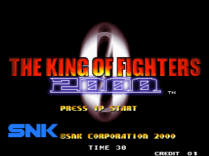 The King of Fighters 2000 title screen displays the game's red and blue logo prominently at the center against a black background with a glowing circular halo effect behind it. Below the logo, yellow text reads "PRESS START BUTTON". The SNK Corporation copyright notice and 2000 date appear at the bottom left in blue text, with "THE KING OF FIGHTERS 2000" and arcade information displayed in the bottom right corner.