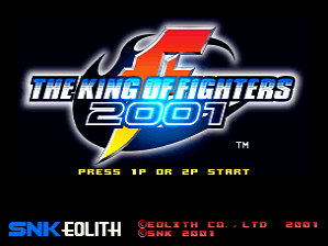 The King of Fighters 2001 title screen features a large stylized logo in the center with blue and red coloring, depicting a stylized fighter character. Below the logo, white text reads "PRESS 1P OR 2P START" against a black background. At the bottom, SNK and Eolith company credits appear in red and blue text with a 2001 copyright date. The image uses a 2D sprite-based visual style typical of arcade fighting games from that era.