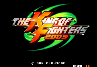 The King of Fighters 2003 title logo dominates the center, rendered in orange and yellow lettering with a green spiral swirl design around it. Below the logo sits "2003" in smaller text. The background is solid black. Copyright text "© SNK PLAYMORE" appears in the lower left, with "CREDIT 0.0" displayed in the lower right corner in pixelated font.