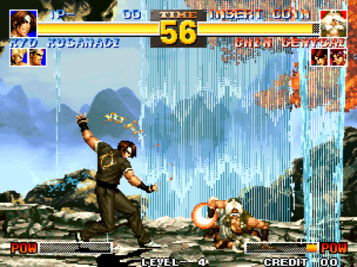 A fighting game match in progress shows two characters on a rocky outdoor stage with blue and orange striped background elements. The left fighter in dark clothing performs an attack while the right opponent in orange crouches defensively. Health bars labeled "POW" appear at bottom left and right, with a central timer showing "LEVEL 4" and "CREDIT MOD". Character portraits and power indicators occupy the top corners. The sprite-based graphics use a 1990s arcade fighting game visual style with parallax depth in the scenery.