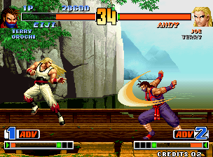 Two fighters face each other on a wooden stage with stone columns and a blue sky background. The left fighter performs a flaming kick attack, while the right fighter in red and blue clothing prepares a counterattack. Health bars for both characters appear at the top of the screen, with the left fighter's bar showing more damage taken. The UI displays round information, fighter names, and a credits counter at the bottom. Pixel-based sprite animation and parallax background layers are visible throughout the scene.