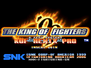 The King of Fighters '99 title screen displays the game logo in large blue and gold lettering with flame effects above it. Below the logo reads "DREAM MATCH" in red text. At the bottom of the screen, SNK Corp. of America's copyright information and release year 1999 appear in blue text, along with arcade hardware specifications. The background is solid black with orange-yellow flame graphics surrounding the title area.