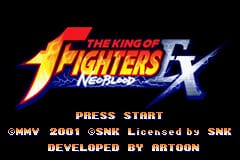 The title screen displays "The King of Fighters EX - NeoBlood" in large stylized lettering across the center, with flame-like graphics in orange and red. Below the logo sits "PRESS START" in white text. At the bottom, copyright information reads "©SNK 2001" and "DEVELOPED BY ARTOON" in a standard pixel font. The background is solid black, creating high contrast with the bright title artwork. The overall composition is vertically centered and typical of Game Boy Advance title screens.