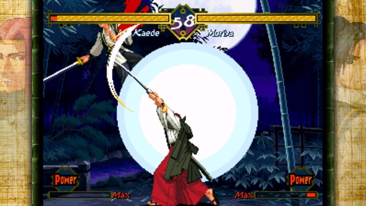 A fighting game match between Kaede and Morbia displayed mid-action. Kaede, positioned on the right in a green coat and red pants, performs an upward sword strike while suspended in mid-air. Morbia stands opposite on the left. A large light blue circular aura dominates the center background. The top displays a gold-trimmed health bar with round decorative elements and a round counter showing 58. Lower corners show "Power" meters in orange text with health bars beneath them labeled "Max". The background features a nighttime setting with trees, bamboo, and architectural structures rendered in dark blues and purples. Pixelated 2D sprites and arcade-style UI elements are visible throughout.