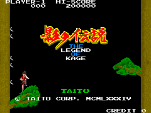The title screen displays 'The Legend of Kage' in large orange and yellow pixelated text at center. A small ninja sprite in red stands on a green platform at the lower left, while a green enemy sprite appears on the right. The top of the screen shows "PLAYER 1" and "HI-SCORE" with numerical values in white text. At the bottom, green text reads "© TAITO CORP. MCMLXXXIV" with "CREDIT" displayed on the right side. The background is solid black with a brown-olive border around the edges.