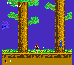A ninja character stands on brown ground between two tall wooden tree trunks against a purple sky with green foliage clusters scattered above. Green grass lines the bottom edge, and a blue HUD displays the score "1 UP" and "750" in the top-left corner. Another character in orange appears mid-jump to the right, with a small blue sprite visible on the left side of the screen. The scene uses 8-bit pixel art with a limited color palette typical of NES graphics.