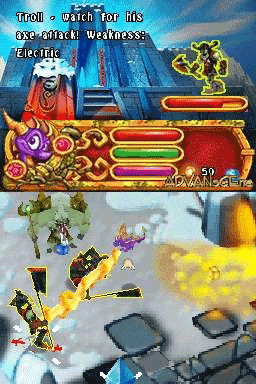 Two gameplay scenes from a handheld action game displayed vertically. The top screen shows a golden ornate UI frame with colored health bars and a purple enemy icon on the right, with text reading "Troll > Watch for his egg attack! Weakness: Electric." against a blue sky background. The bottom screen depicts an overhead view of combat with a character sprite surrounded by yellow electricity effects, destructible objects, and environmental platforms rendered in low-resolution 3D graphics typical of DS-era processing.