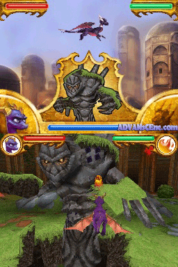 A large dark stone golem creature stands in the foreground on a grassy platform, with its fist raised. Above it, a dragon flies through a sky with architectural towers and structures visible in the background. Health bars and character portraits appear at the top of the screen in red and green, with additional UI elements showing item icons and status indicators along the bottom. The art style features 3D models rendered in a colorful, stylized manner typical of Nintendo DS games.