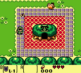 Link stands in the center of a room with a red checkered floor pattern surrounded by a white tile border. The walls are green, and a large green eye-like enemy or boss face occupies the upper portion of the screen. At the bottom, a yellow status bar displays Link's health as a row of hearts on the left side and the current location "8oo" on the right, with decorative leaf sprites flanking the text. The Game Boy Color palette shows vibrant greens, reds, and yellows typical of the 1998 handheld release.