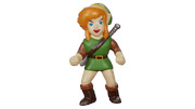 A single character sprite stands centered against a plain beige background. The figure wears a green tunic and cap with an orange face, holding a sword in one hand and shield in the other. The sprite uses the Game Boy Color's 8-bit pixel art style with defined outlines and a limited color palette of greens, browns, tans, and skin tones. The character is rendered in a three-quarter front-facing pose typical of top-down adventure game portraiture.