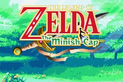 The title screen displays 'ZELDA' in large red letters with a gold outlined sword beneath it, followed by 'The Minish Cap' in smaller text. A green outdoor landscape with grass and sky fills the background, rendered in vibrant colors typical of GBA graphics. A small character sprite appears in the lower right portion of the screen, standing on the grassy terrain. The overall composition uses a bright, colorful palette with clear sprite-based visuals characteristic of the Game Boy Advance's visual capabilities.