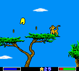 Simba, rendered as a small orange sprite, stands on a curved brown tree branch in the center of the screen against a bright blue sky with two white clouds. Green foliage appears at the right edge. A yellow insect or small object floats to the left. The bottom of the screen shows a status bar with a blue health meter on the left, a coin or score counter in the center displaying "8 2 5", and a green meter on the right. The art style uses 8-bit pixel graphics typical of Game Boy hardware.