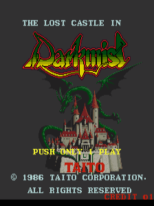 The title screen displays 'THE LOST CASTLE IN DARKMIST' in cyan text at the top, with a large red and yellow pixelated logo below it. A castle structure with gray stone walls and red/pink roofing sits prominently in the center-lower portion, surrounded by green vegetation and vines. Yellow text reading 'PUSH START BUTTON' appears above the castle. Copyright information for Taito Corporation and Seibu Kaihatsu from 1986 is printed in yellow and red text at the bottom. The background is solid dark gray.