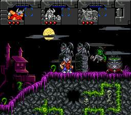 A side-scrolling platformer level displays three playable characters positioned on dark rocky terrain with bright magenta and green colored platforms. A yellow moon or sun hangs in the black sky above. The left side shows a purple-pink staircase structure, while enemies and hazards are scattered across the middle and right sections. The top of the screen contains a row of character portrait icons and UI elements. The pixel art uses a dark color palette with contrasting neon-bright purples and greens typical of SNES-era graphics.